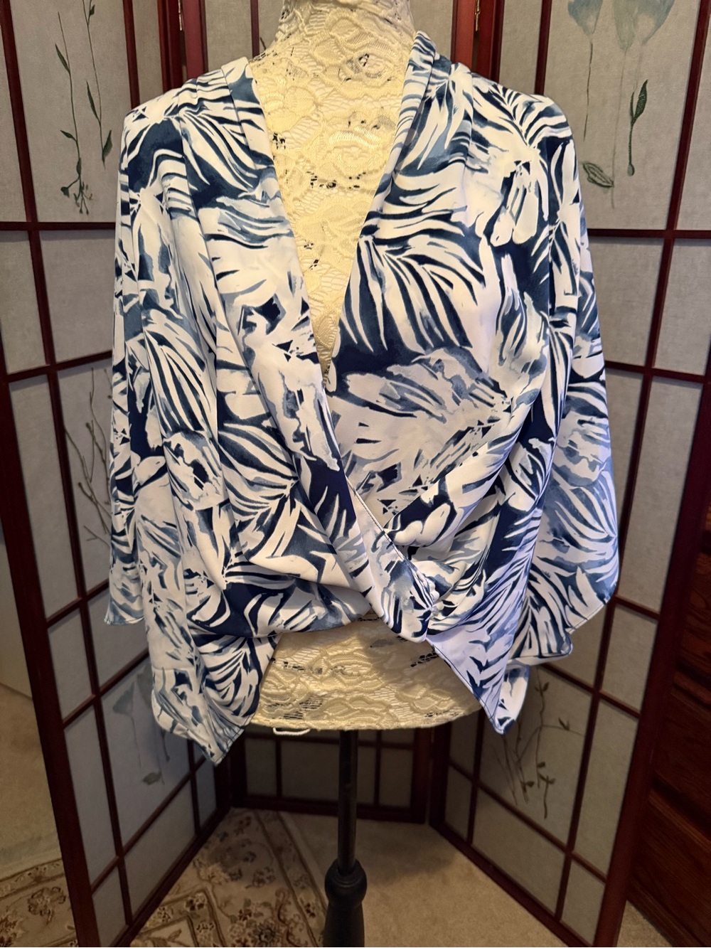 Alfani Blue and White Tropical-Print Blouse